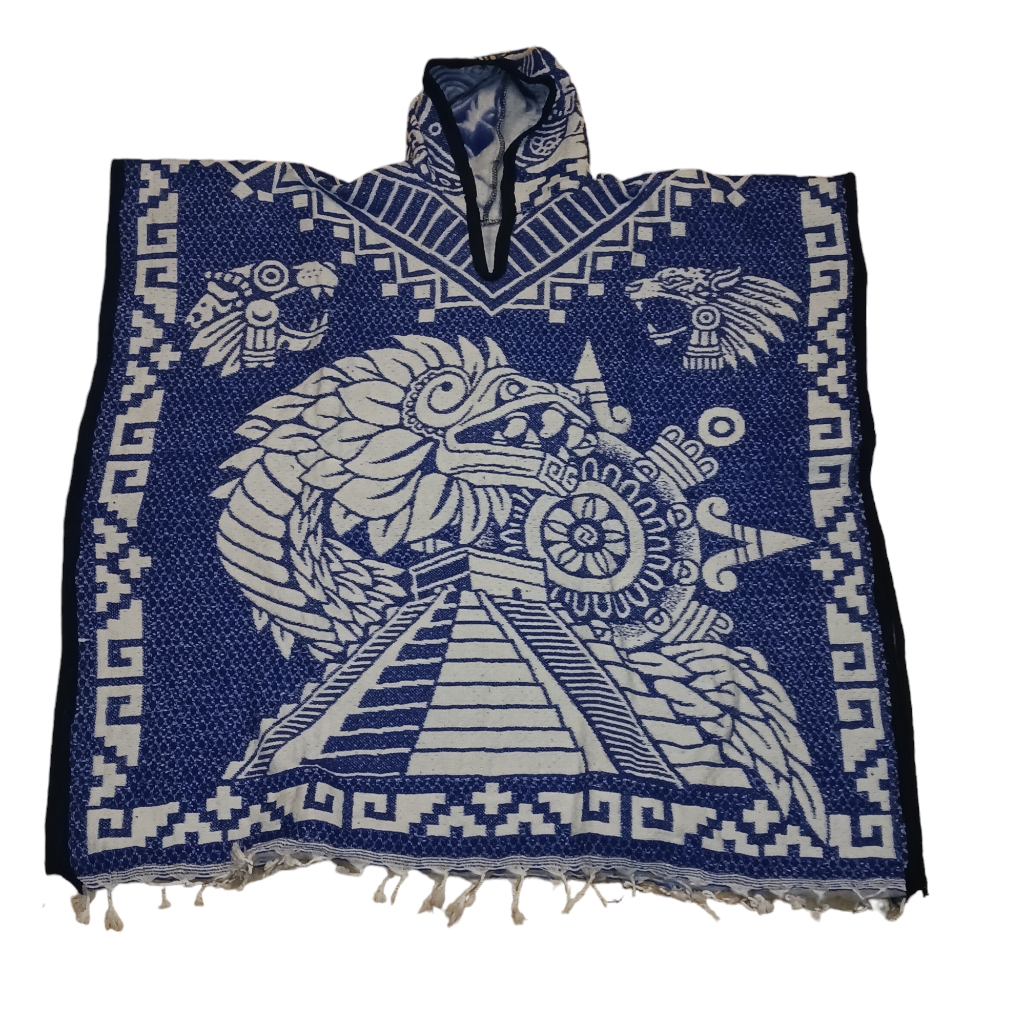 Mexican Poncho  Eagle And Aztec Calander Design  Blue
